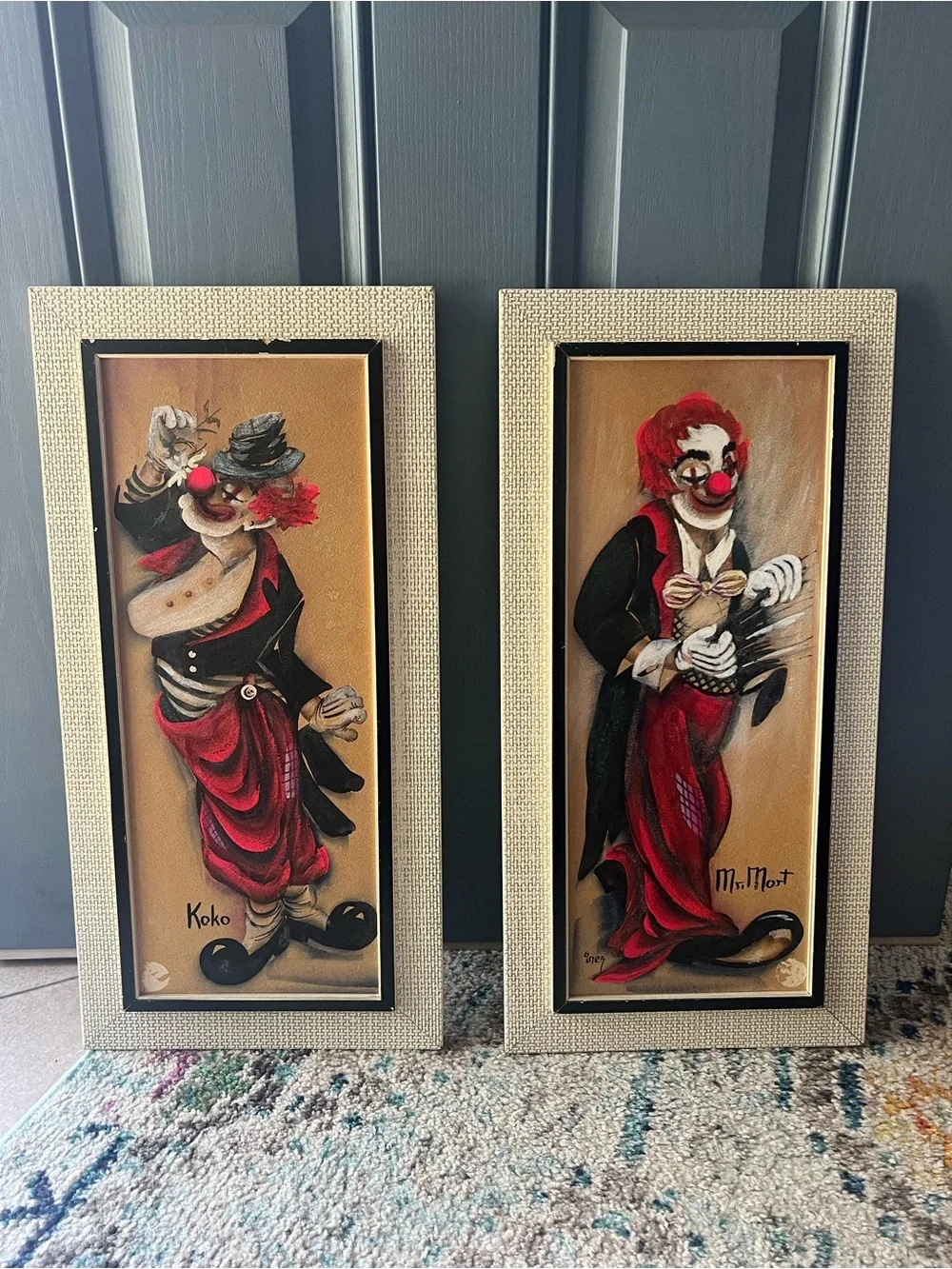 Vintage MCM Pair Framed Franklin Original Koko and Mr Mort Clown Art